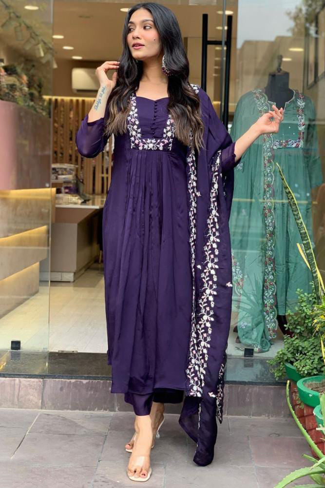 Embroidery Work Cotton Fabric Kurti Pant Dupatta Set