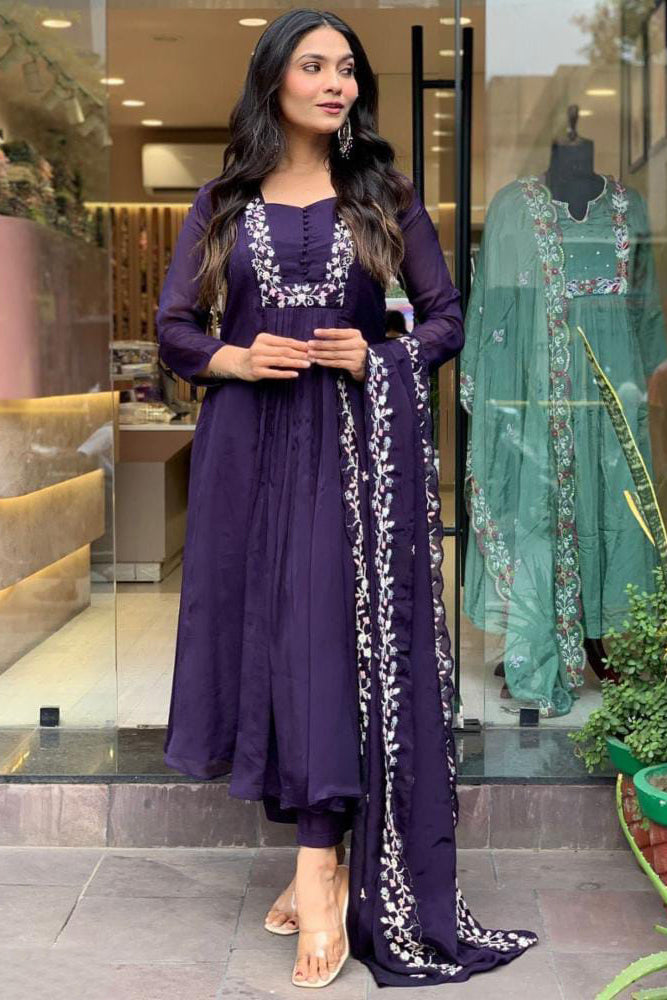 Embroidery Work Cotton Fabric Kurti Pant Dupatta Set