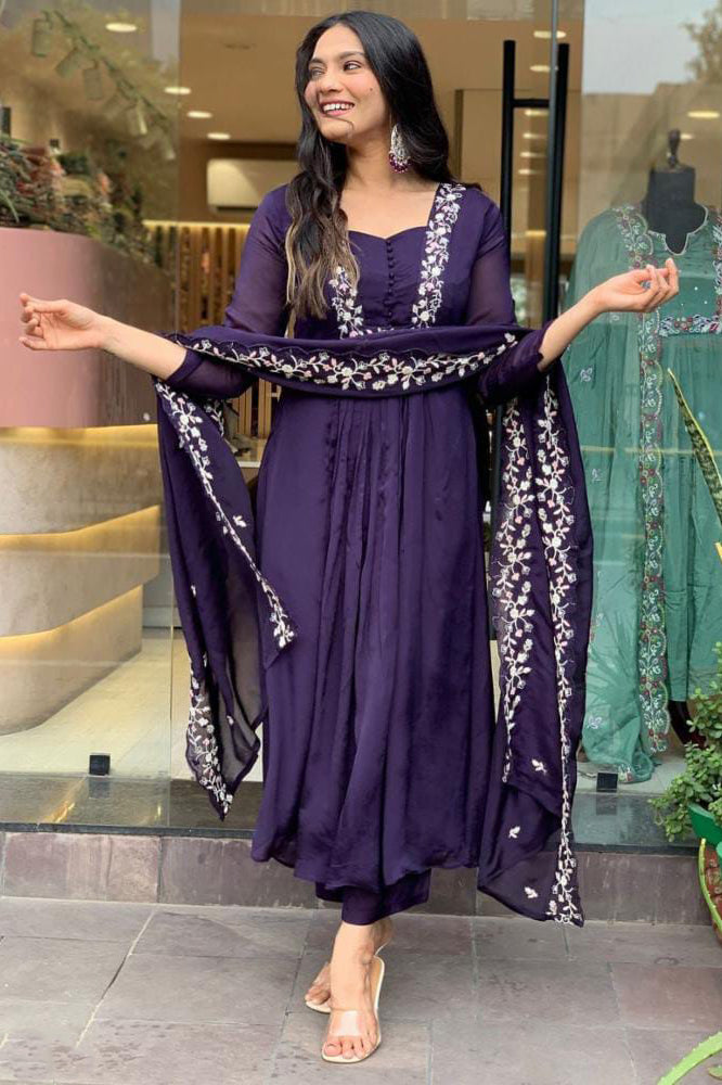 Embroidery Work Cotton Fabric Kurti Pant Dupatta Set