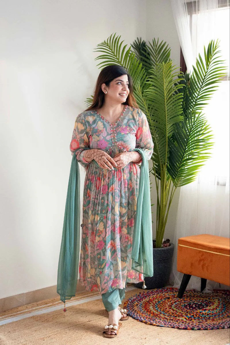Floral Elegance Alia Cut Suit Set in Mehera Green