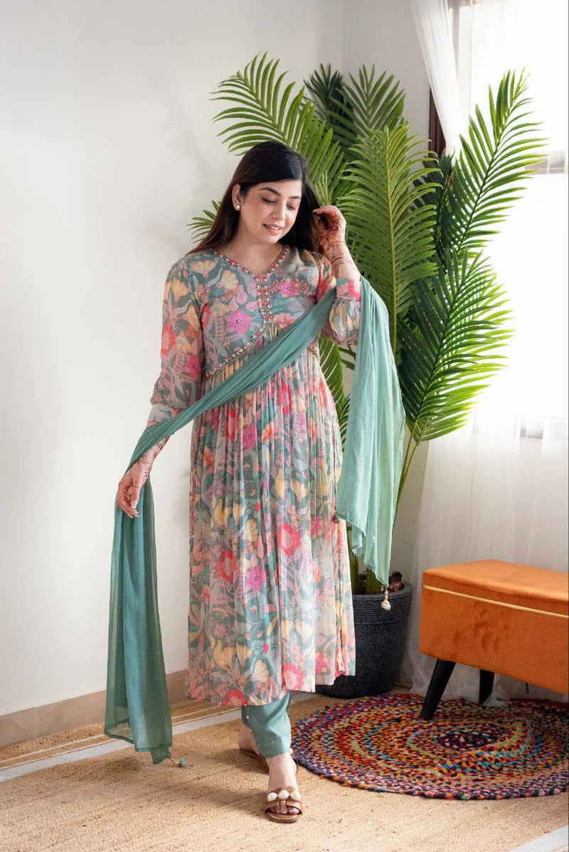 Floral Elegance Alia Cut Suit Set in Mehera Green