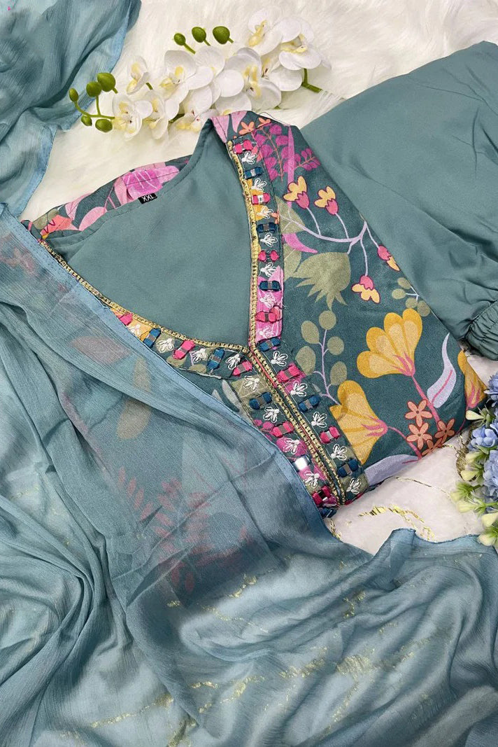 Floral Elegance Alia Cut Suit Set in Mehera Green