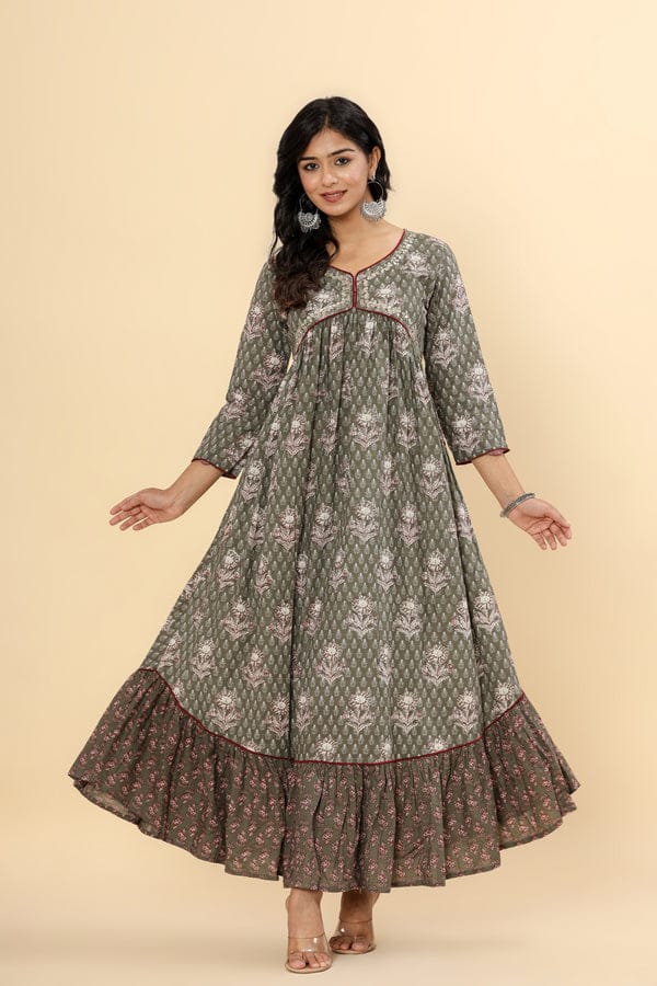 Printed Pure Cotton Anarkali Kurta in Green