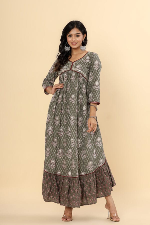 Printed Pure Cotton Anarkali Kurta in Green