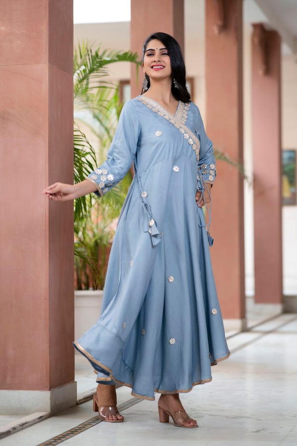 Grey Gotta Patti Designer Embroidered Festive & Wedding Wear Long Kurta