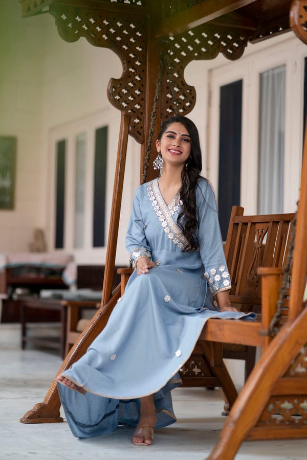 Grey Gotta Patti Designer Embroidered Festive & Wedding Wear Long Kurta