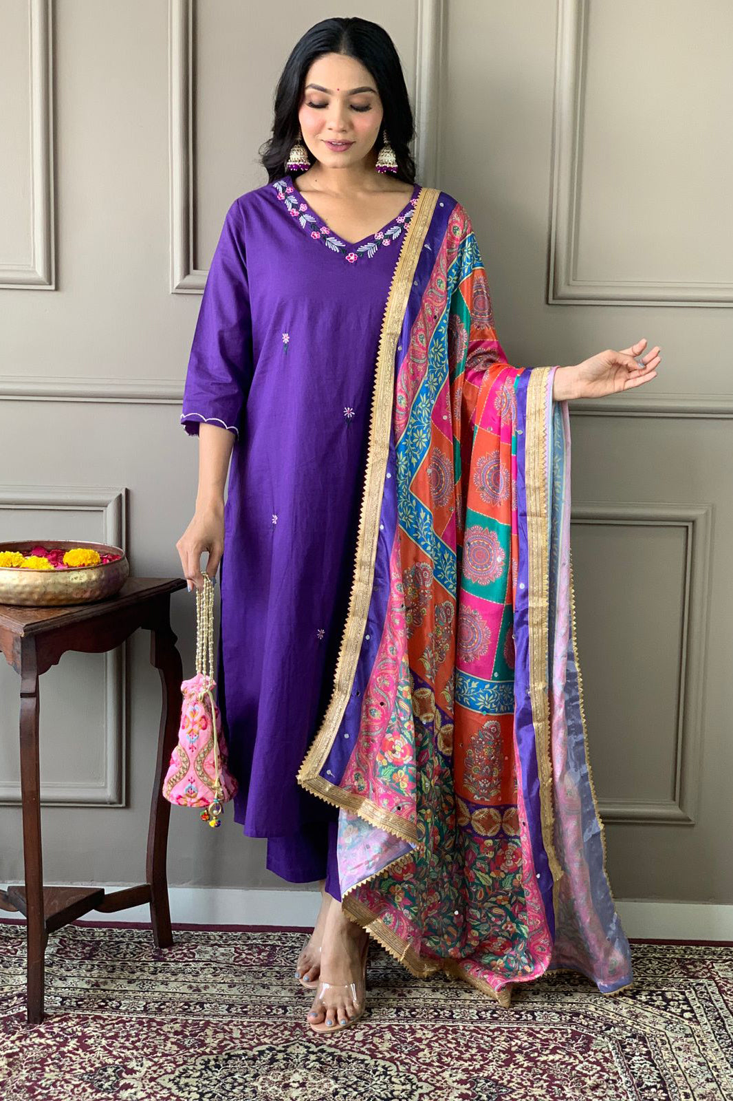 Vibrant Mirror Silk Dupatta Cotton Kurta Set