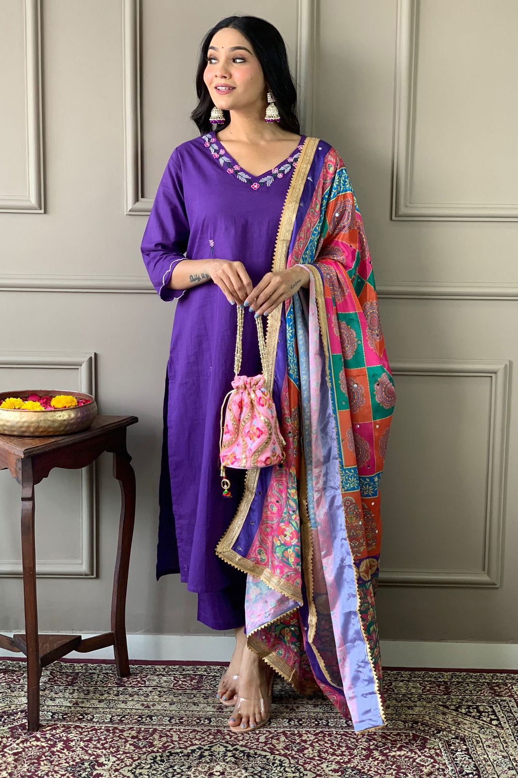 Vibrant Mirror Silk Dupatta Cotton Kurta Set