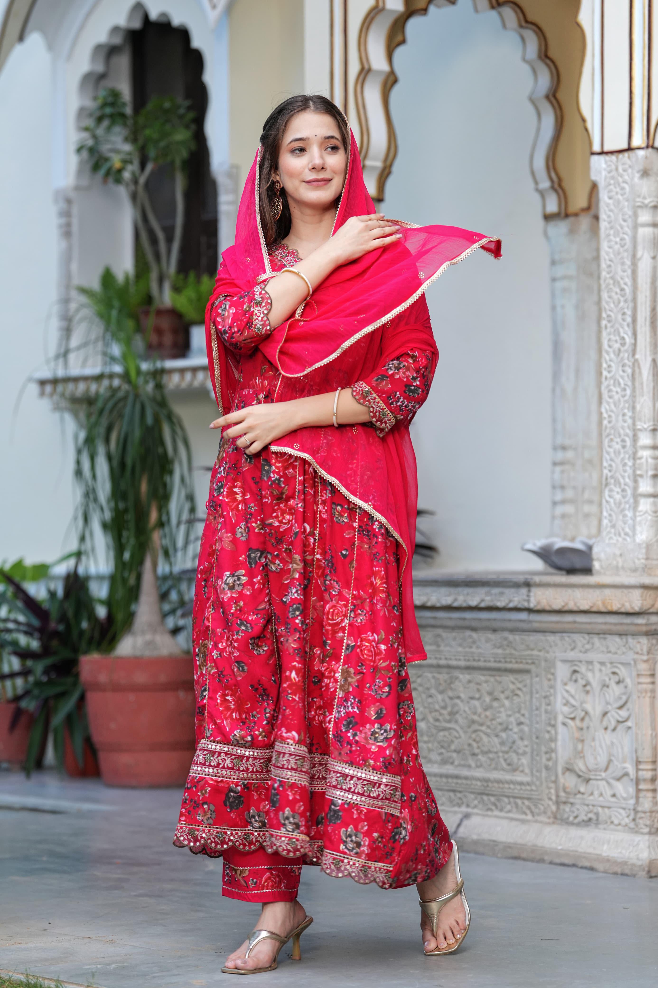 Anarkali Kurta With Heavy Reyon Embroidery Pant With Dupatta