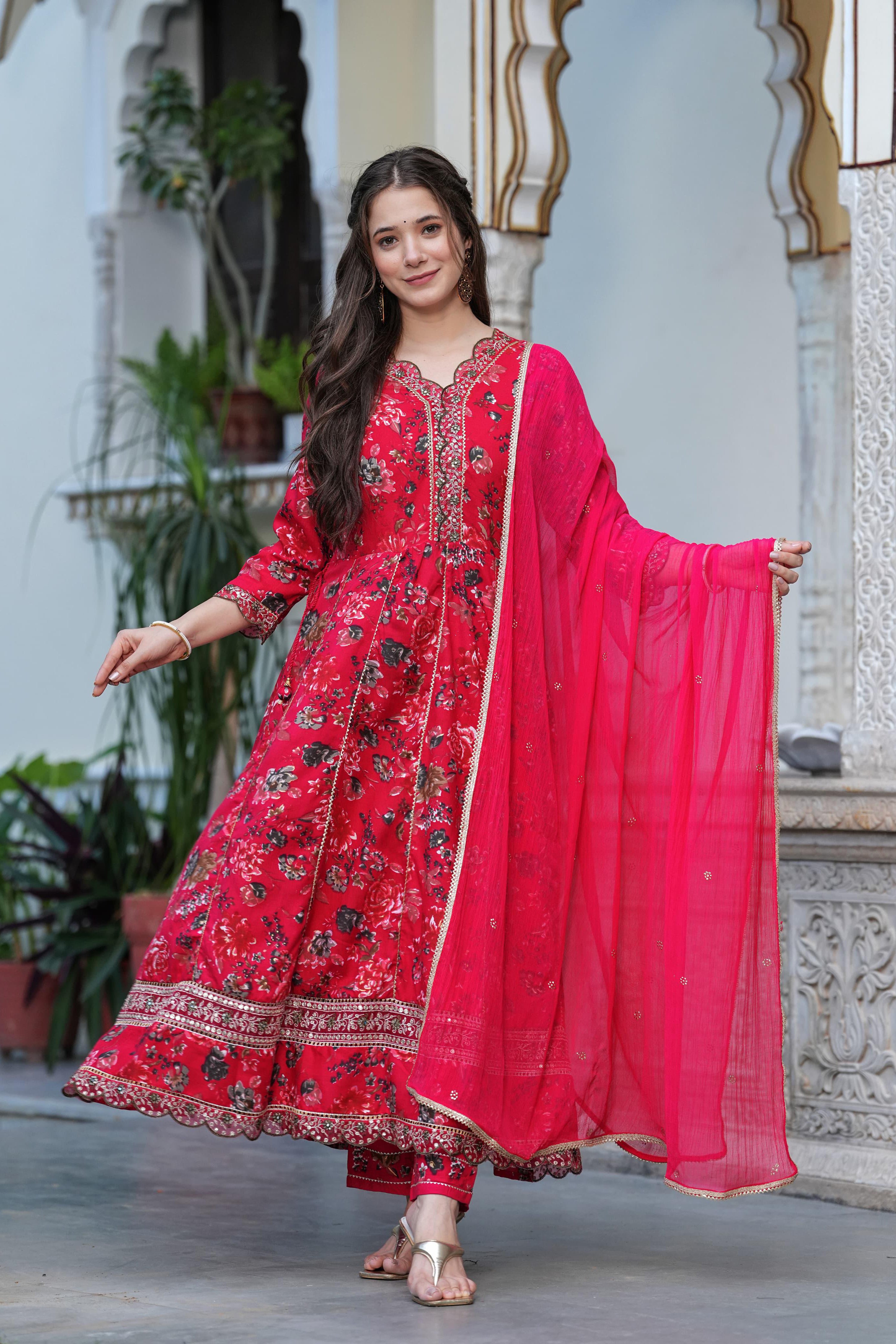 Anarkali Kurta With Heavy Reyon Embroidery Pant With Dupatta