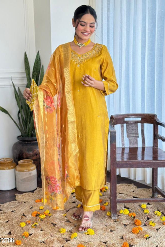 Ethereal Silk Elegance - Handworked Kurta and Pant Set with Chanderi Dupatta