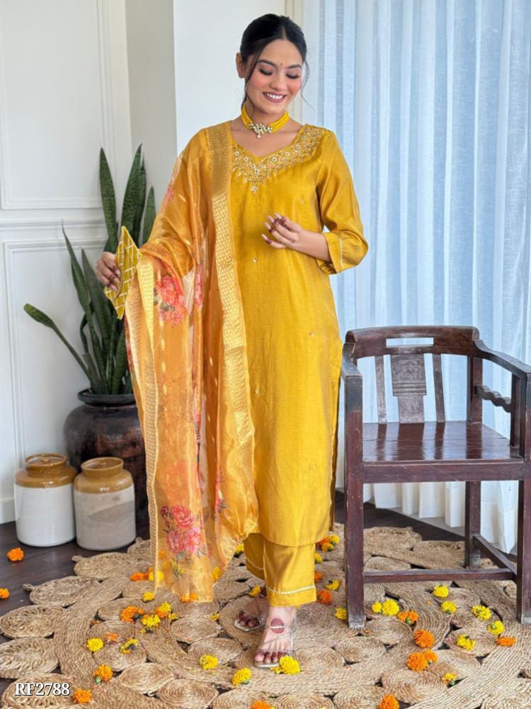 Ethereal Silk Elegance - Handworked Kurta and Pant Set with Chanderi Dupatta