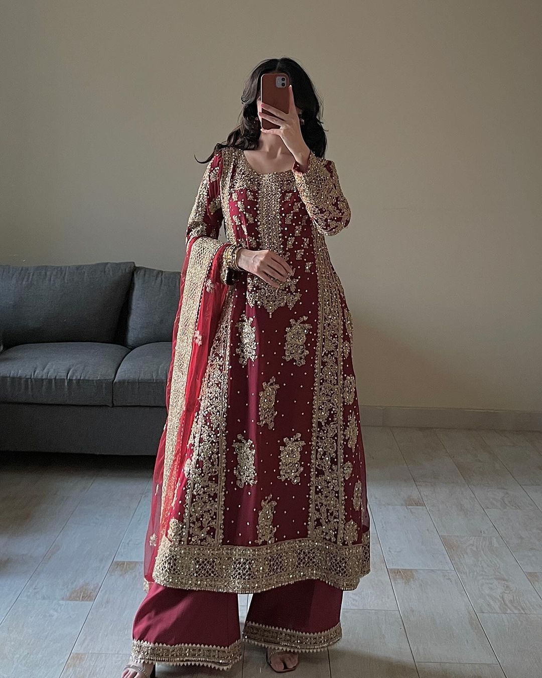Zarqa Brown Embroidered Moti & Sequins Top-Palazzo Set