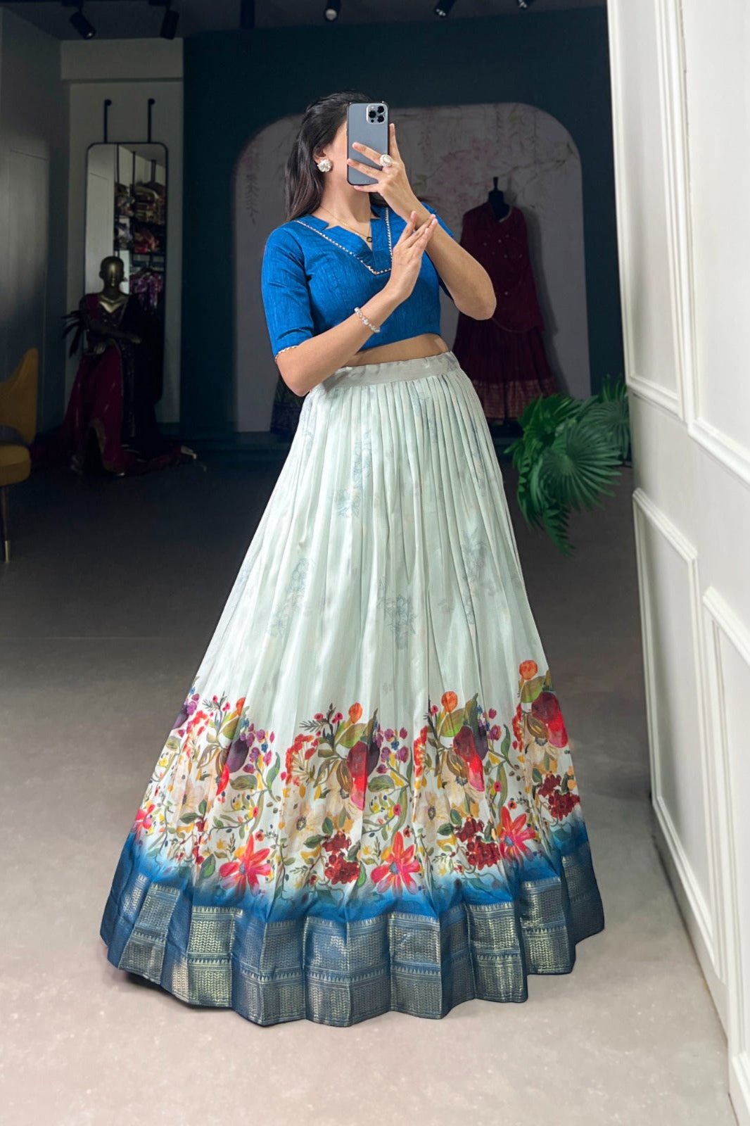 Neelkamal Light Blue Floral Cotton Silk Gown