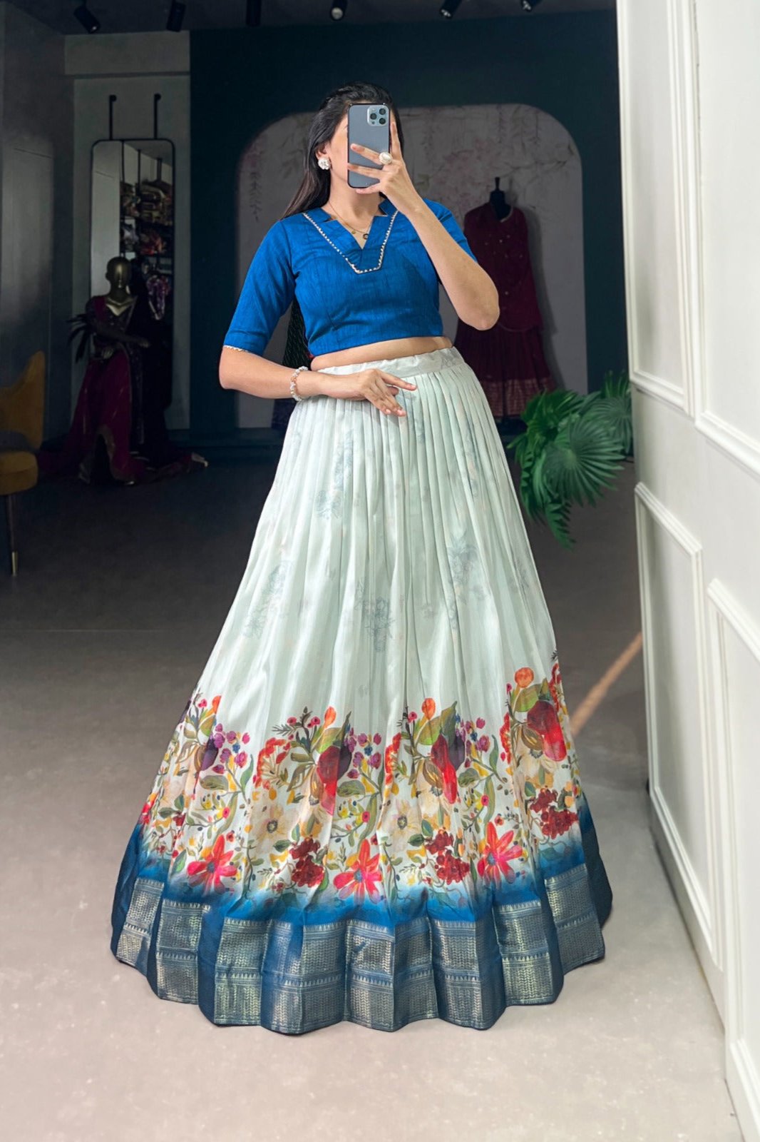 Neelkamal Light Blue Floral Cotton Silk Gown