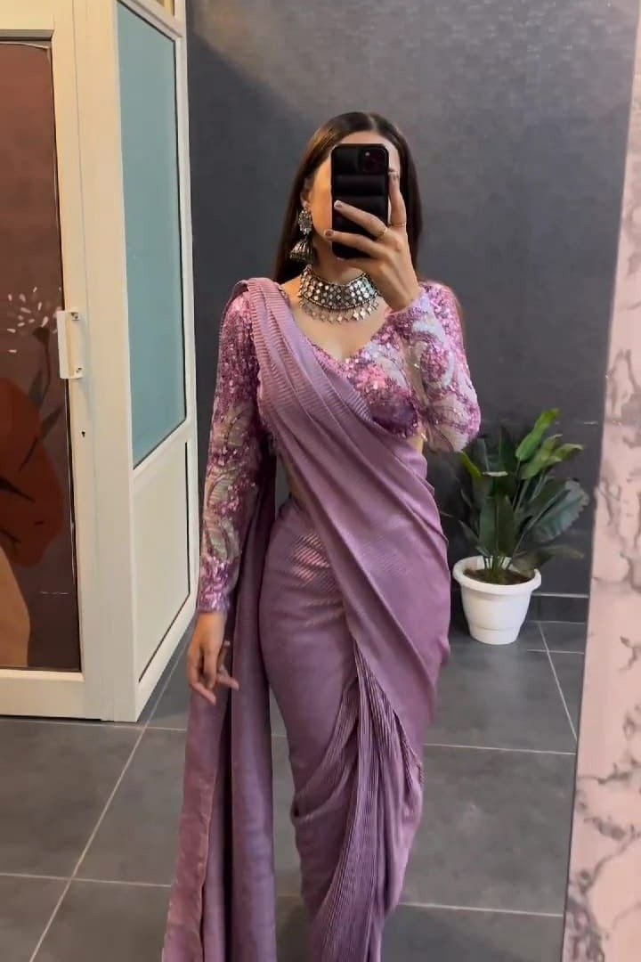 Premium Chinon Silk Saree with Embroidered Net Blouse