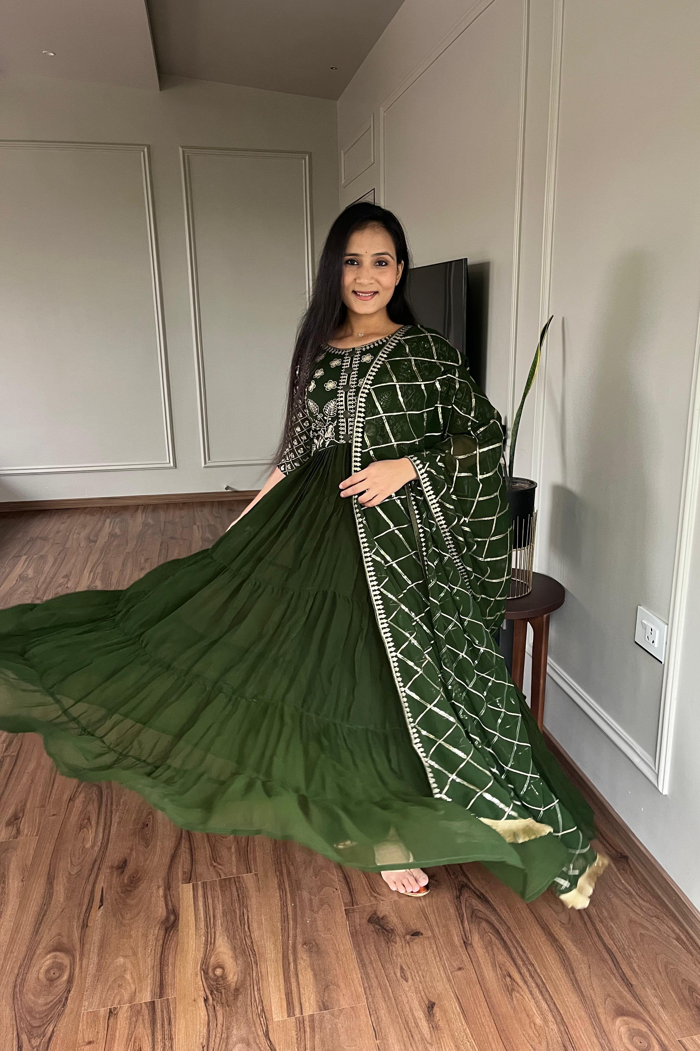 Green Festive Long Gown with Dupatta