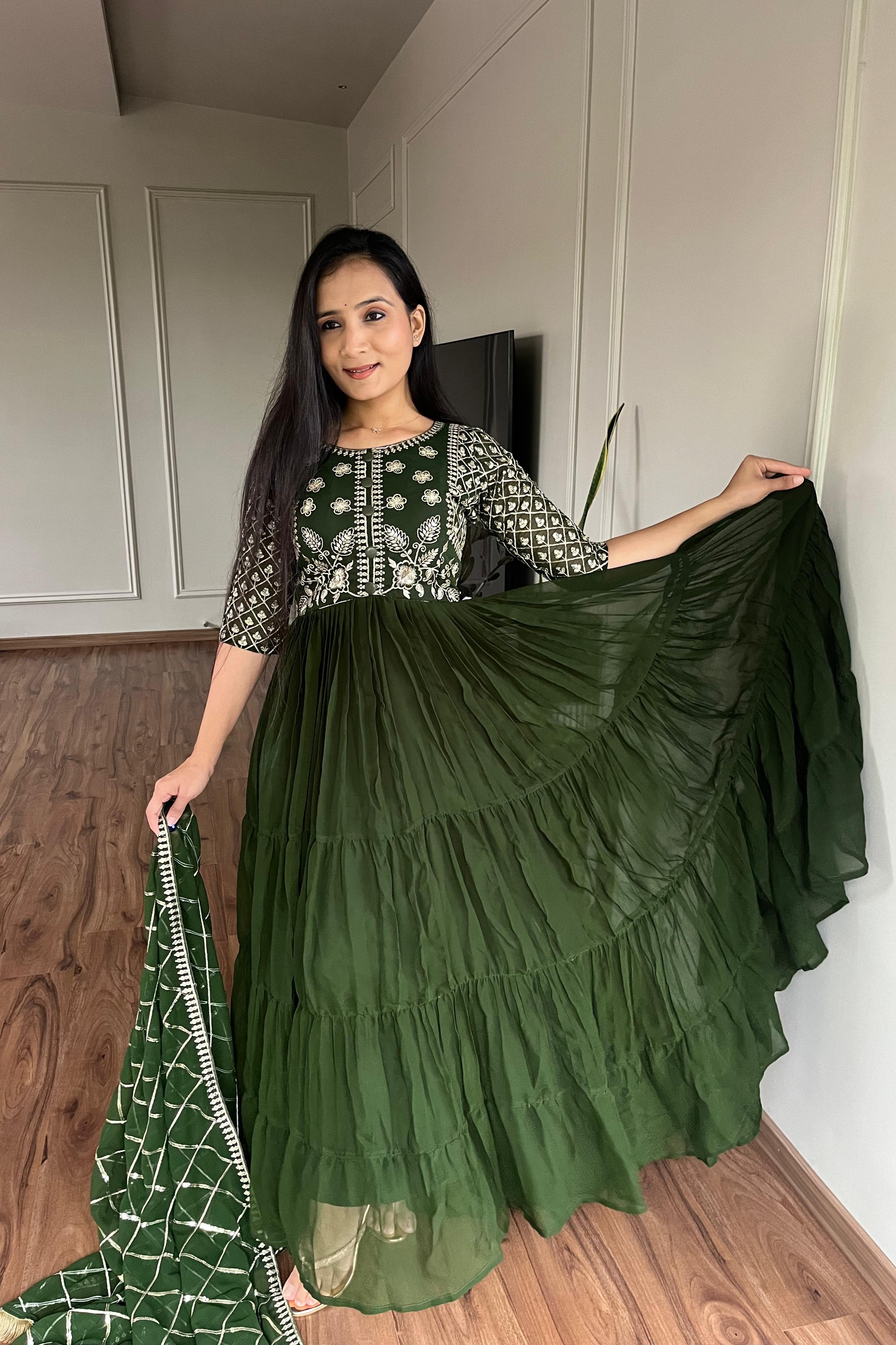 Green Festive Long Gown with Dupatta