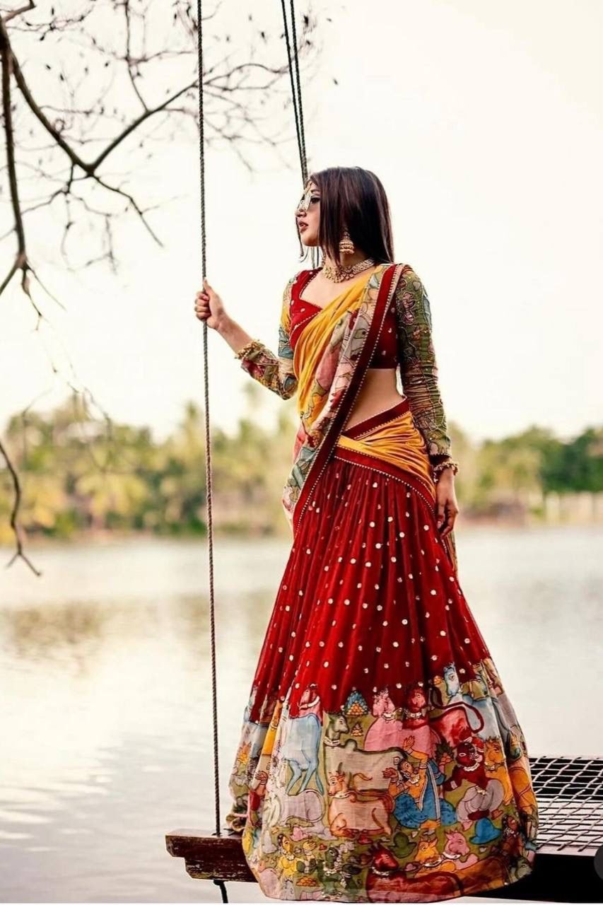 Rangmaya Red Kalamkari Print Embroidered Lehenga Choli