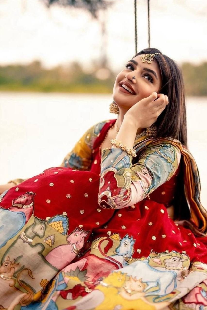 Rangmaya Red Kalamkari Print Embroidered Lehenga Choli