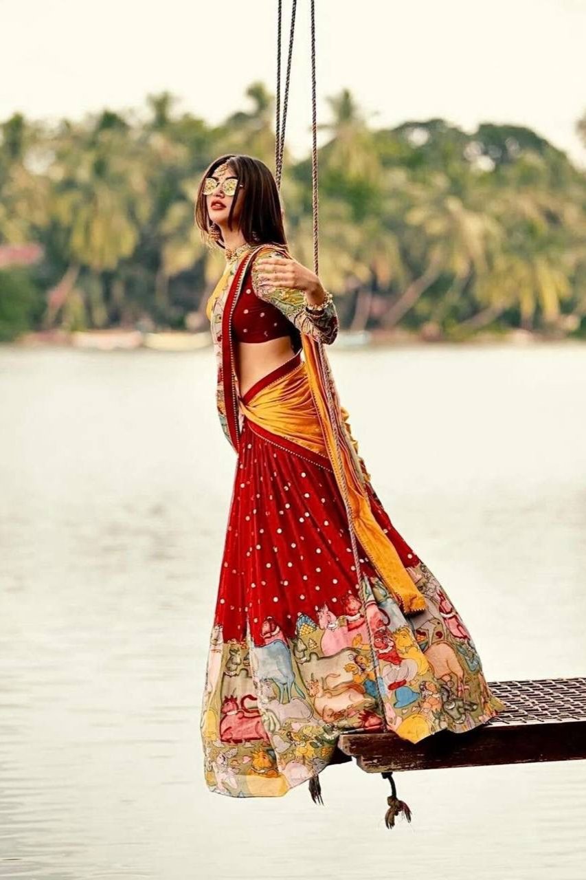 Rangmaya Red Kalamkari Print Embroidered Lehenga Choli