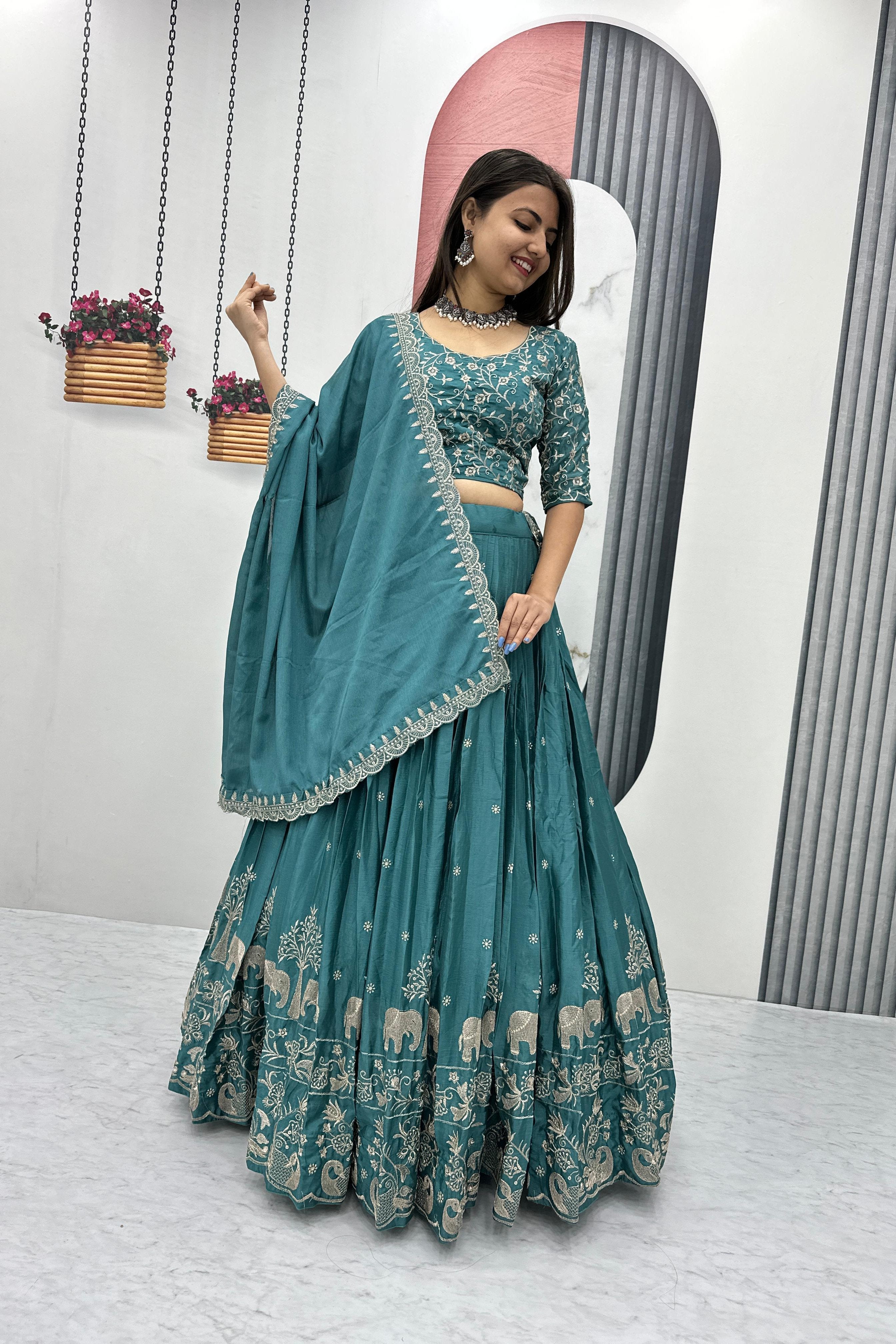 Chinon Silk Thread Embroidered Lehenga Choli