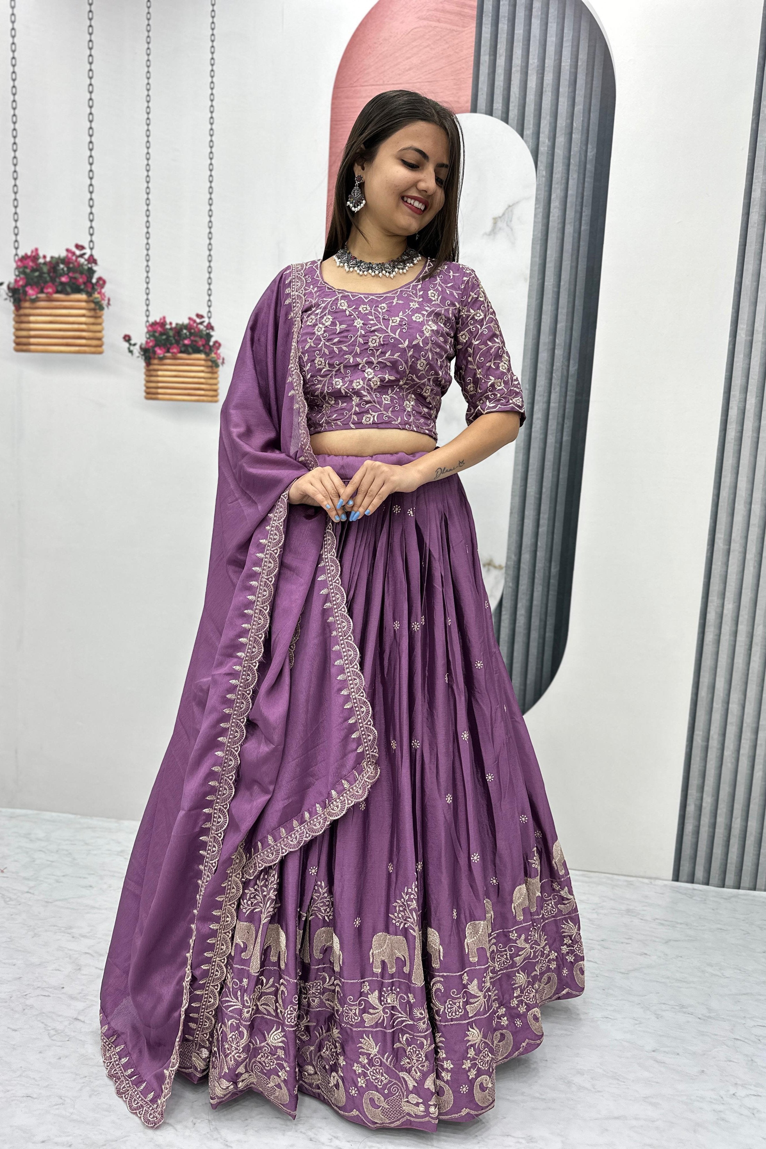 Chinon Silk Thread Embroidered Lehenga Choli