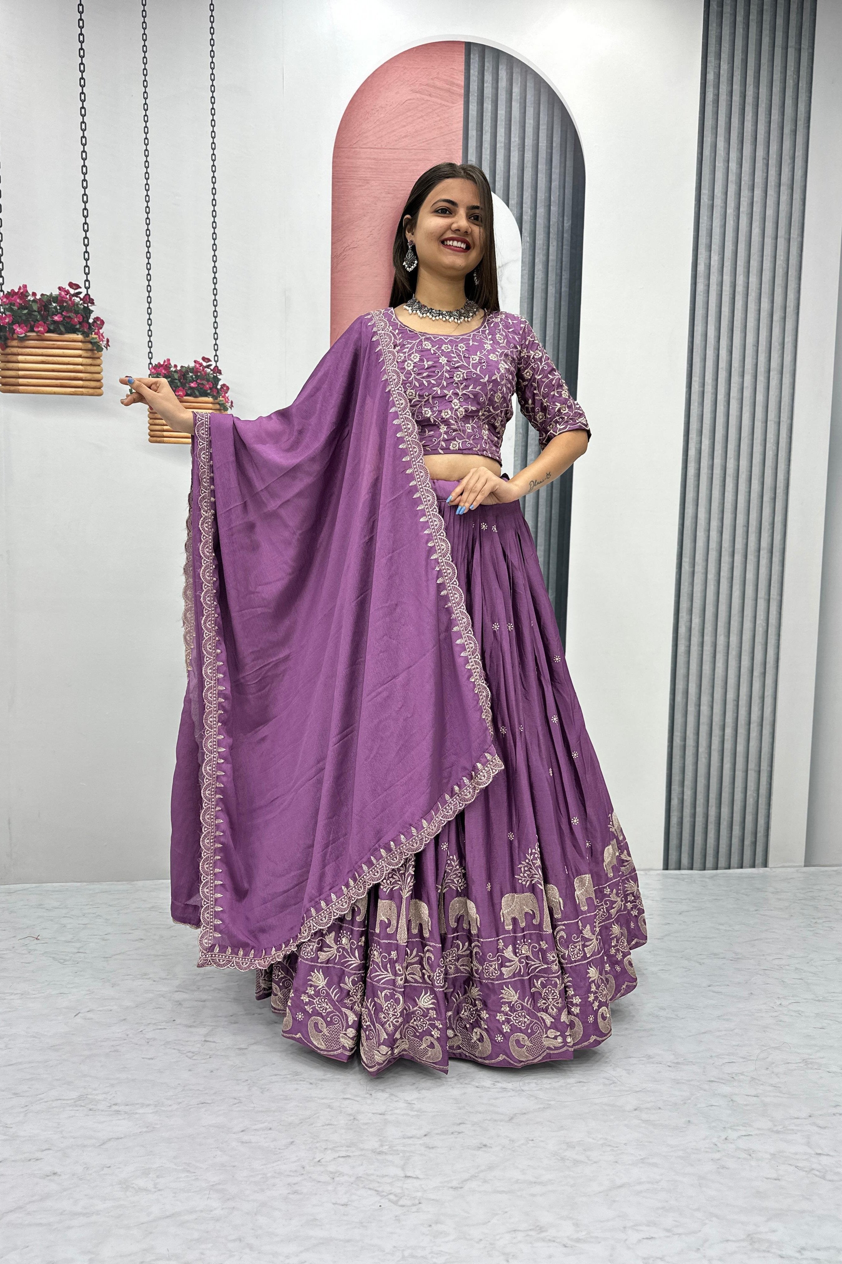 Chinon Silk Thread Embroidered Lehenga Choli