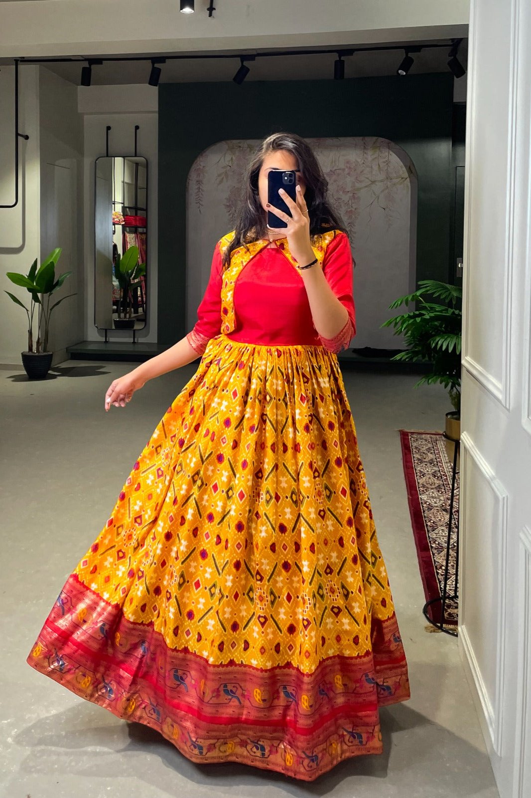 Chic Charm Orange Embroidered Gown Set