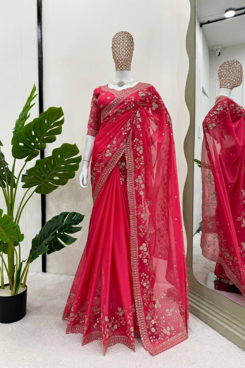 Red Pure Rangoli Fabric Saree with Embroidery & Zari Work