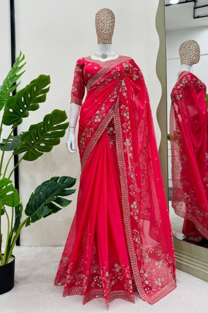Red Pure Rangoli Fabric Saree with Embroidery & Zari Work