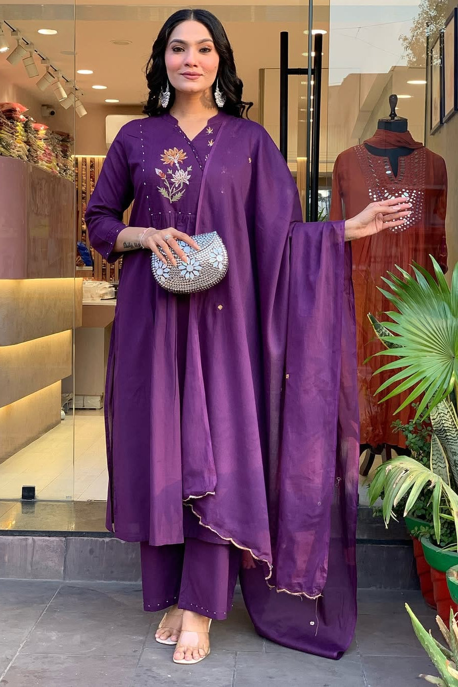 Purple Embroidered Cotton Kurti Pant Dupatta Set