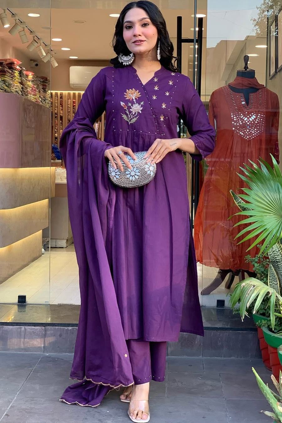 Purple Embroidered Cotton Kurti Pant Dupatta Set
