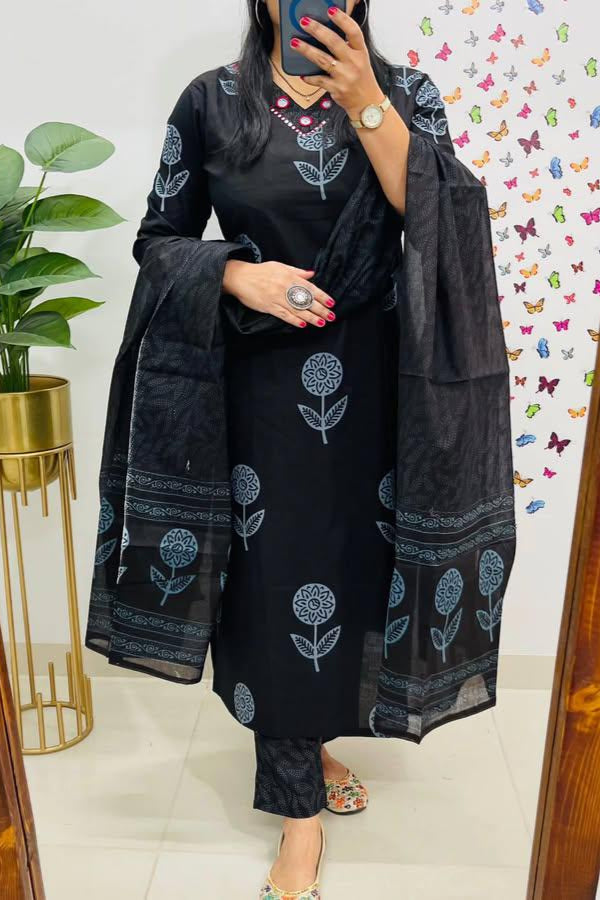 Elegance Black Cotton Embroidered Suit Set