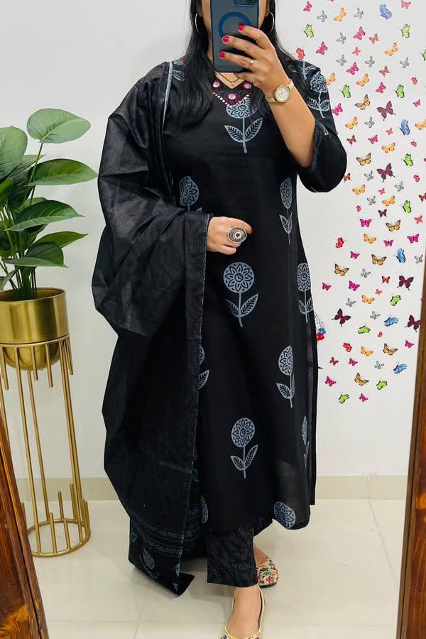 Elegance Black Cotton Embroidered Suit Set