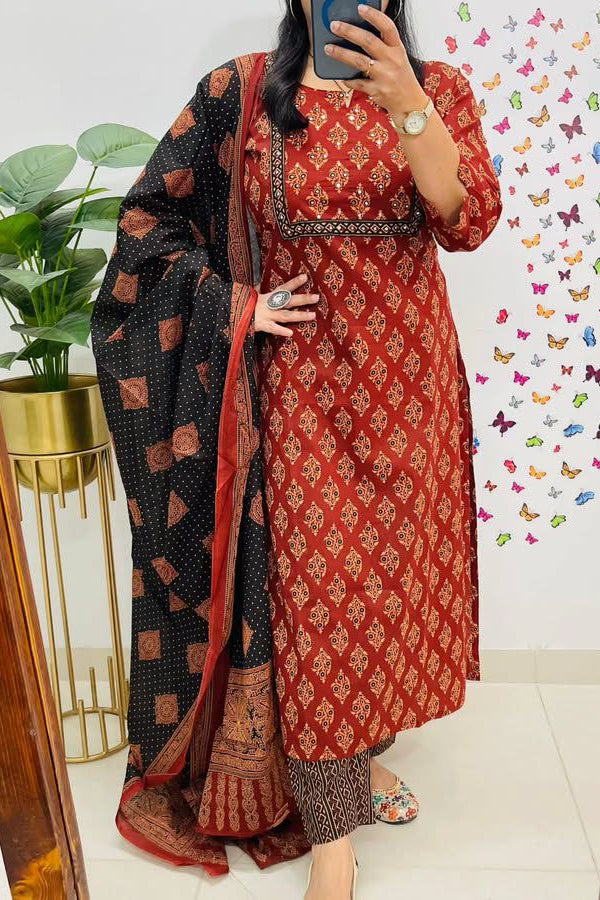 Heavy Cotton Sequence Kurti Pant Dupatta Set
