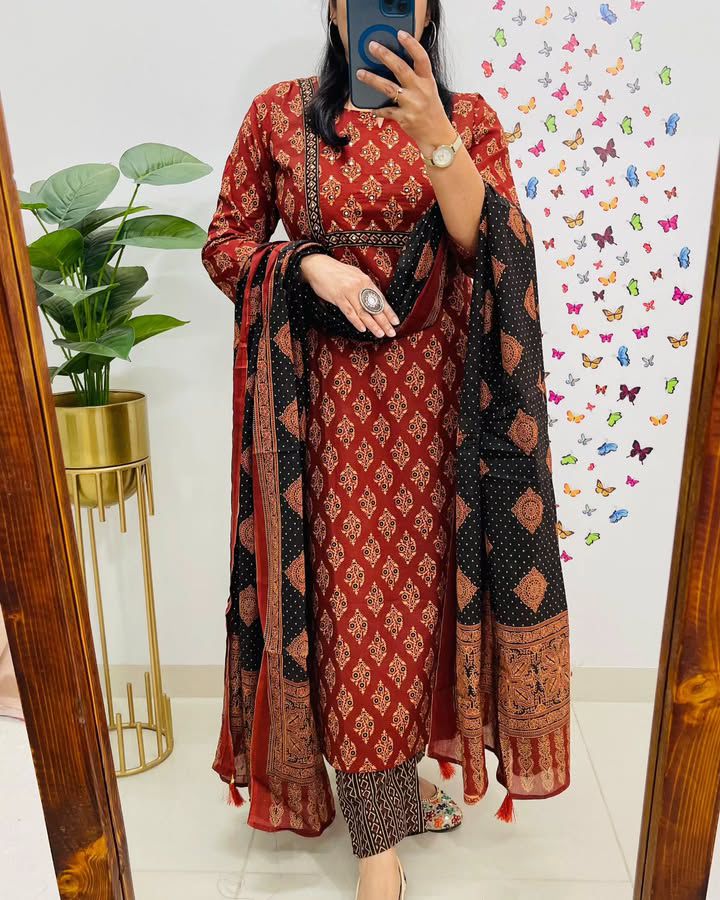 Heavy Cotton Sequence Kurti Pant Dupatta Set