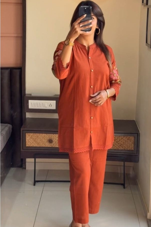 Red Cotton Slub Co-ord Set