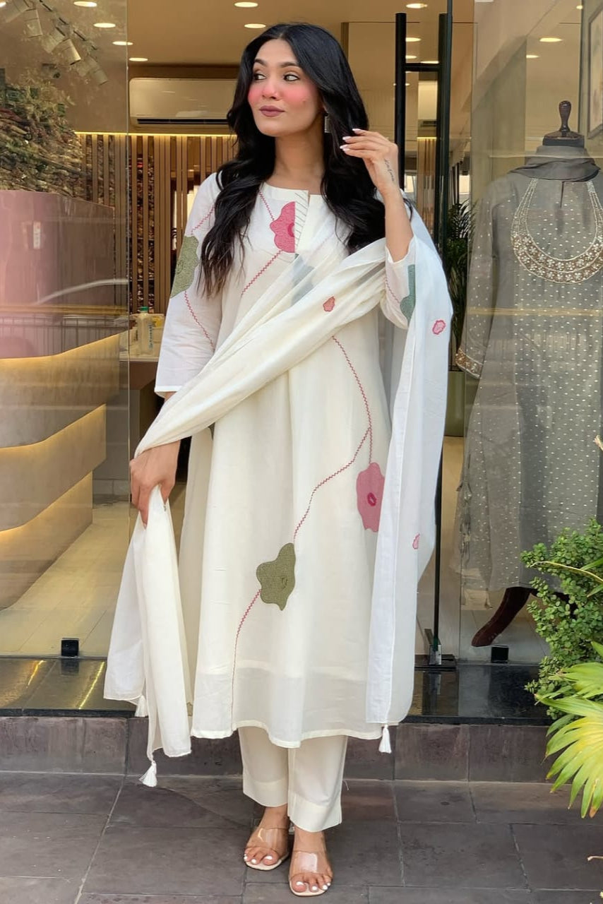 Nooraniya White Mul Cotton Embroidered Suit Set