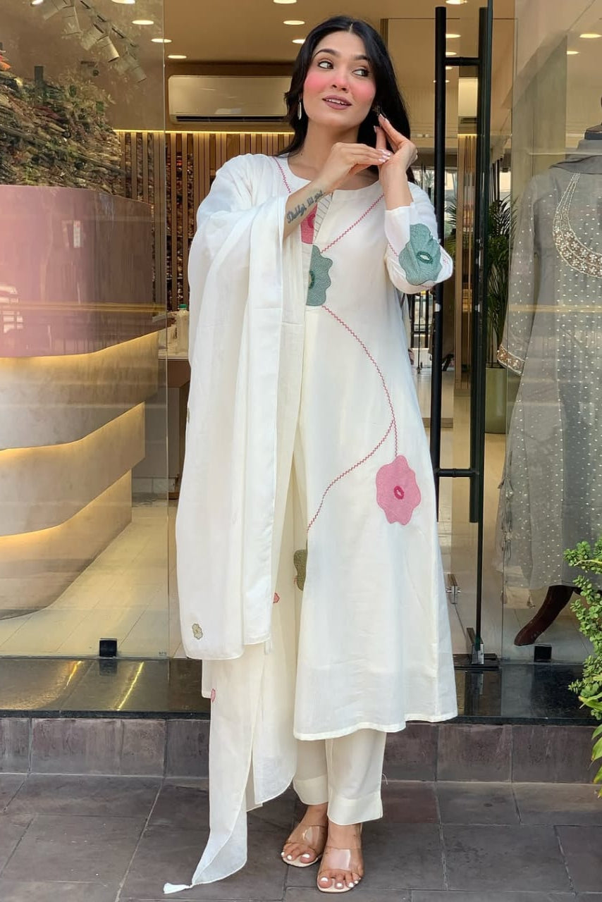 Nooraniya White Mul Cotton Embroidered Suit Set