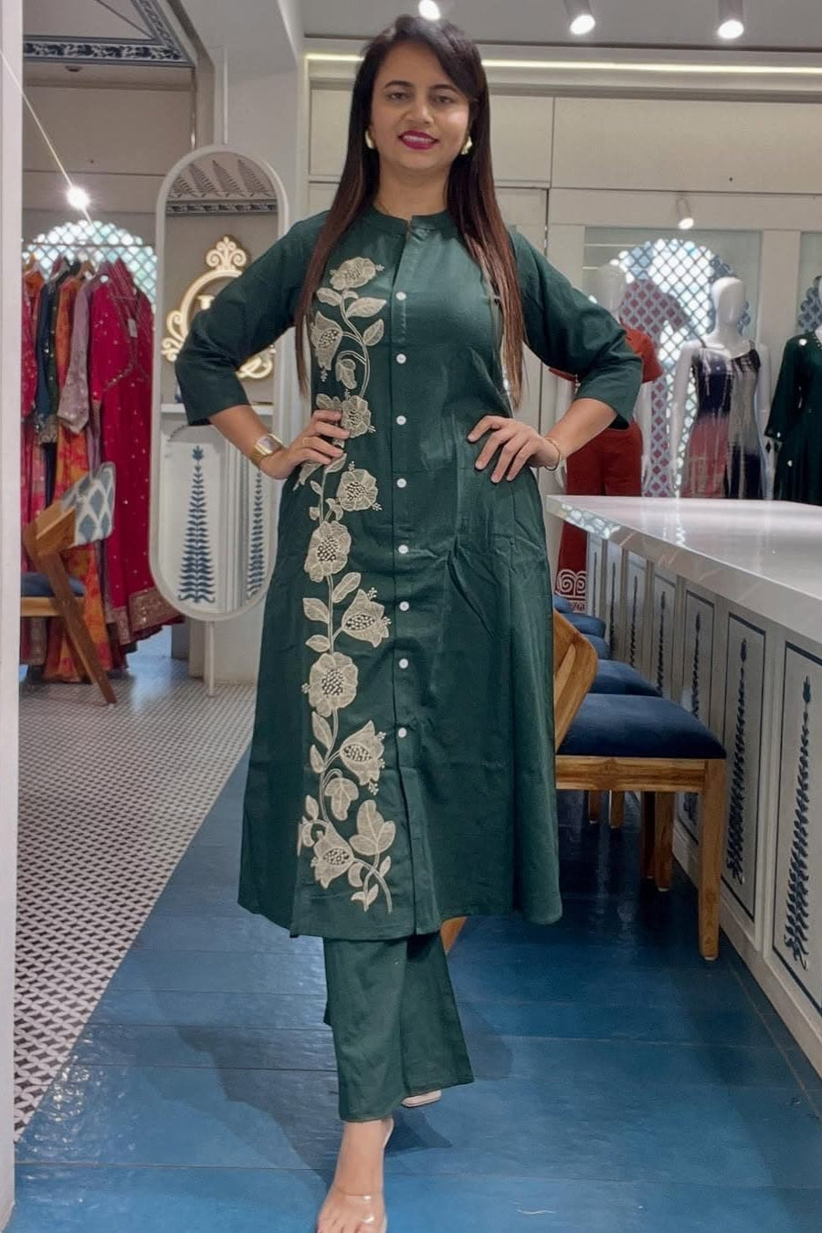 Morpanki Cotton Embroidered Kurti Pant Set Co-Ord Set