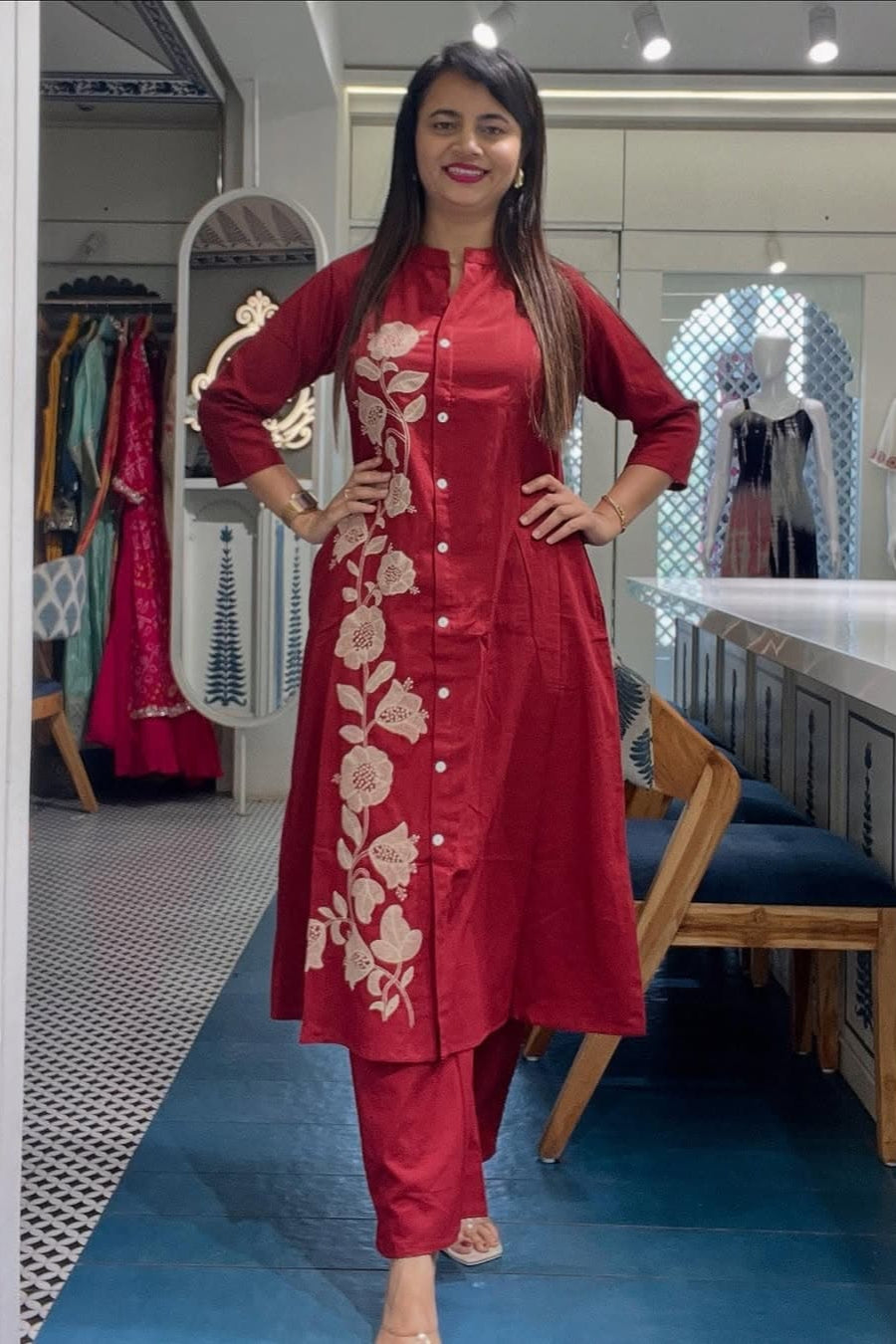 Red Cotton Embroidered Kurti Pant Set Co-Ord Set