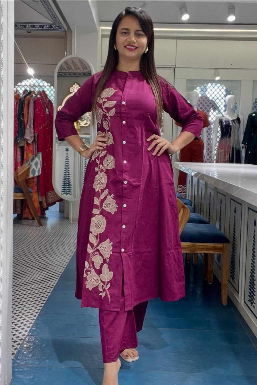 Purple Cotton Embroidered Kurti Pant Set Co-Ord Set