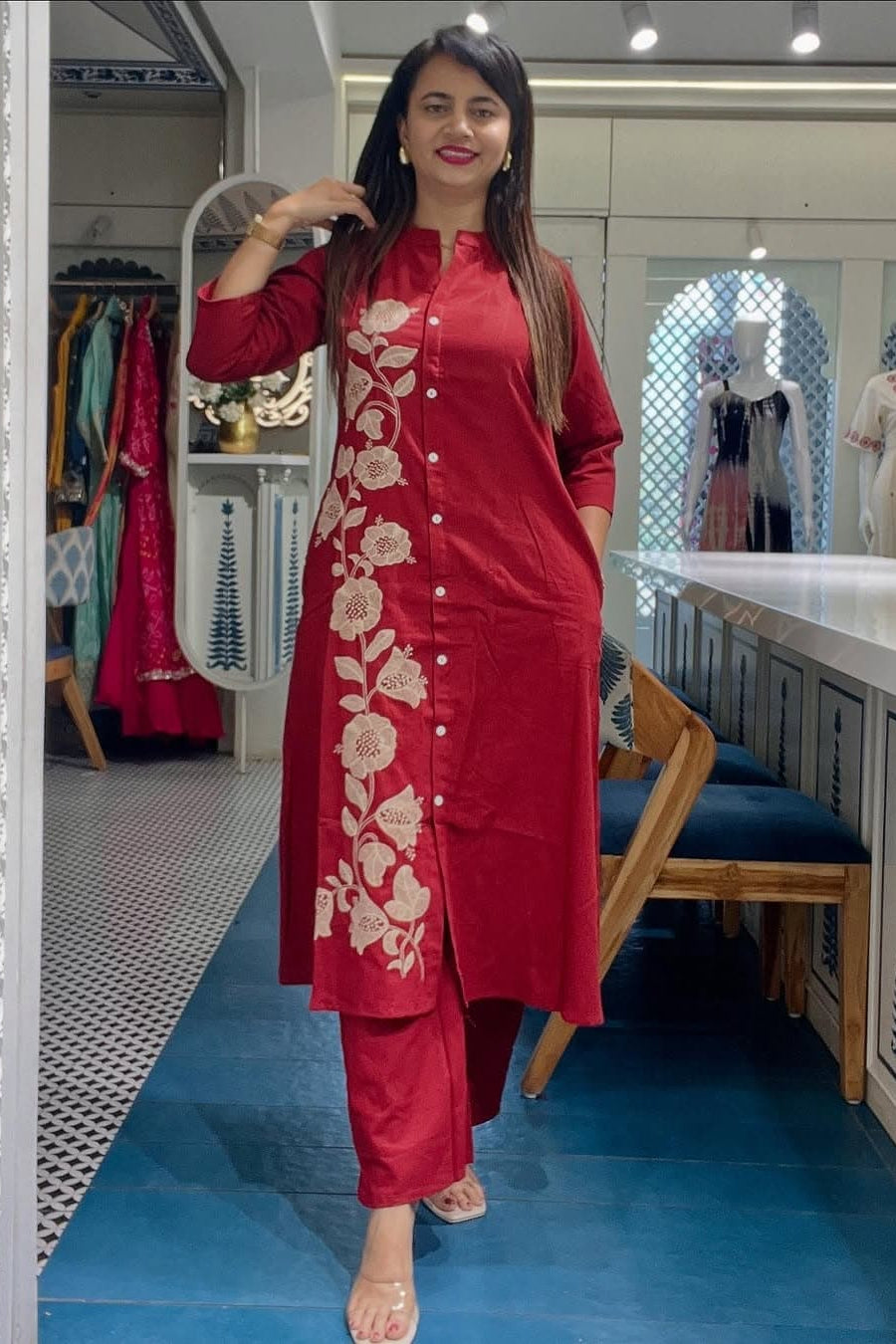 Red Cotton Embroidered Kurti Pant Set Co-Ord Set