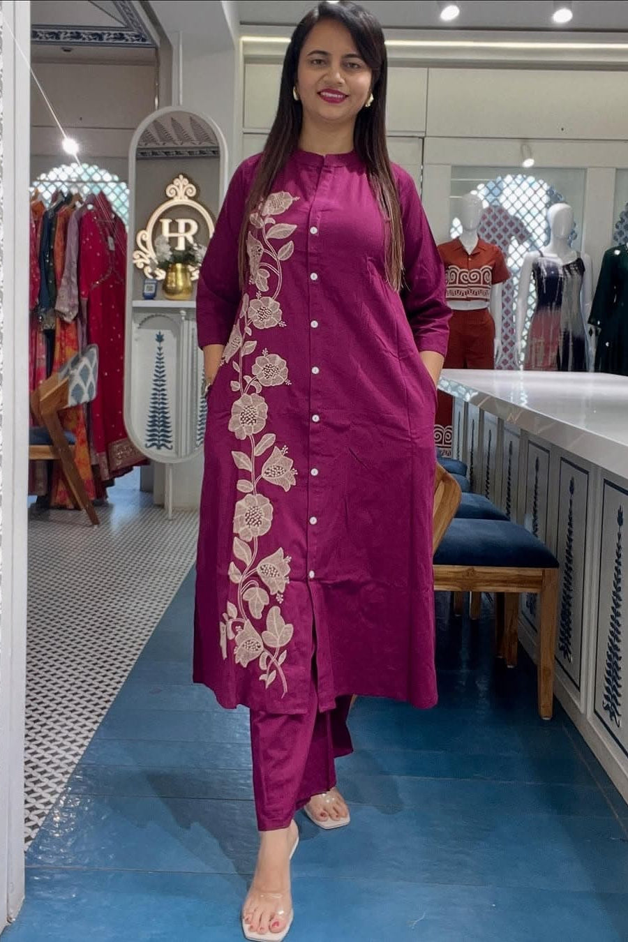 Purple Cotton Embroidered Kurti Pant Set Co-Ord Set