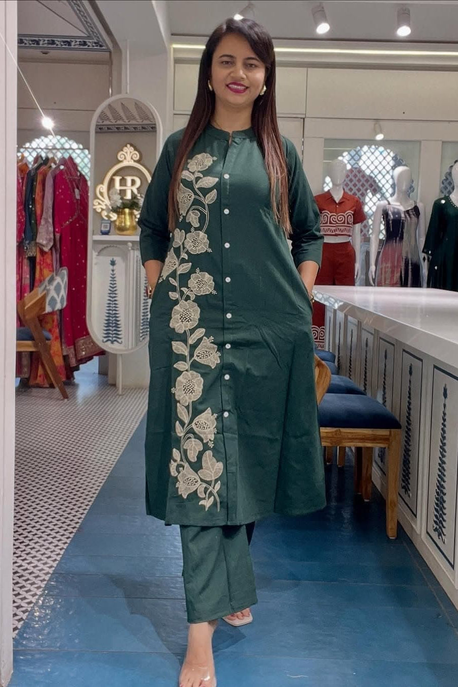 Morpanki Cotton Embroidered Kurti Pant Set Co-Ord Set