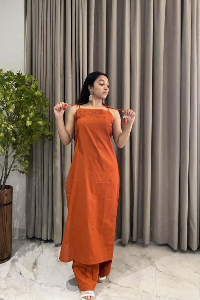 Sleeveless Mirror Work Cotton Slub Co-ord Set