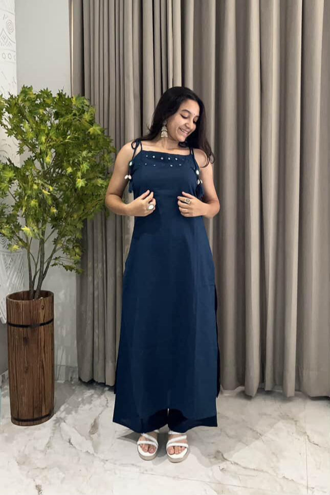 Sleeveless Mirror Work Cotton Slub Co-ord Set