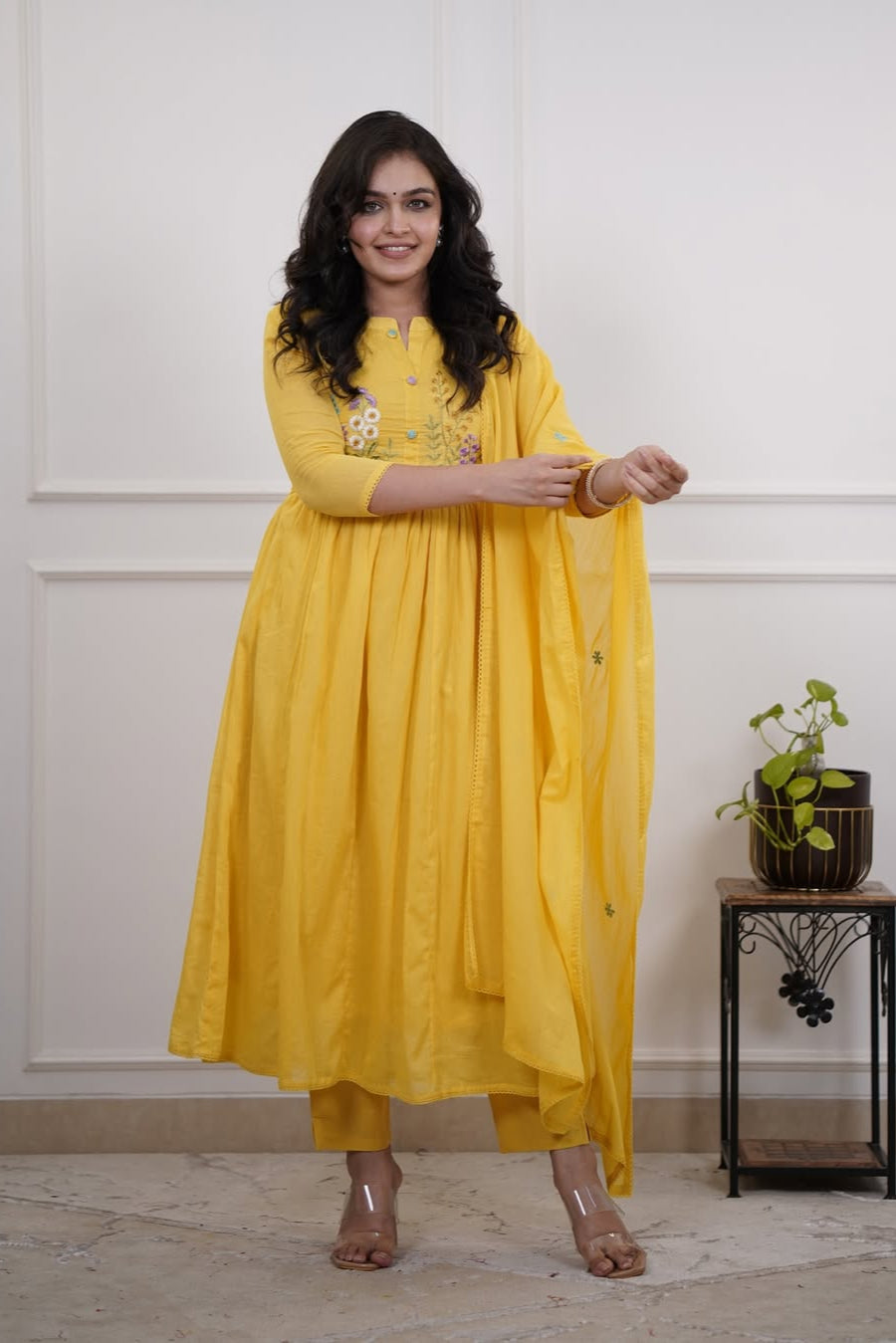 Gulnoor Yellow Embroidered Kurti Pant Dupatta Set