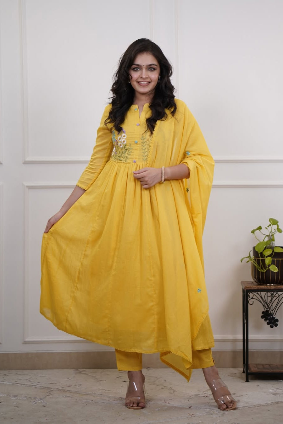 Gulnoor Yellow Embroidered Kurti Pant Dupatta Set